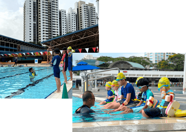 students attending a group swimming lesson for kids
